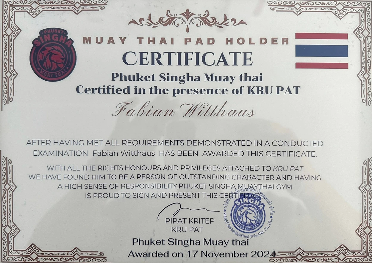 Muay Thai Pad Holder Certificate, Phuket Singha
